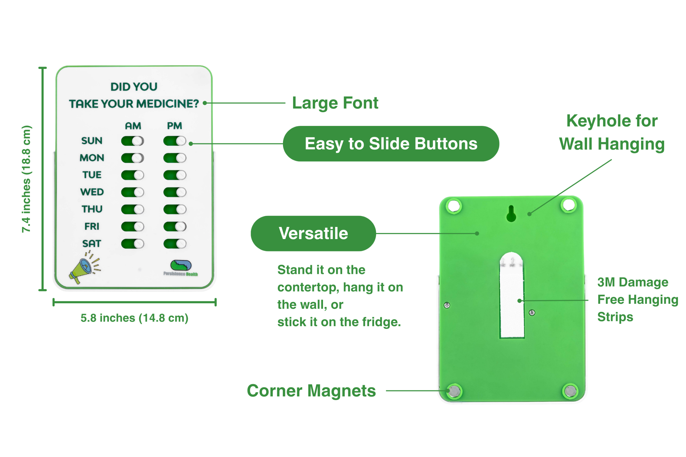 Green medication reminder device with features highlighted on a white background