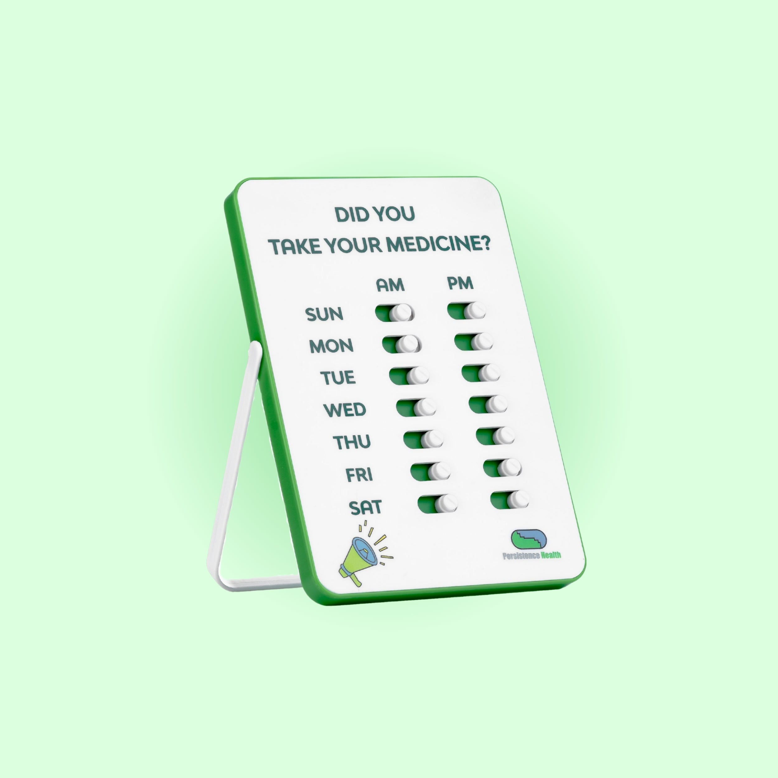 Weekly medication reminder device on a light green background